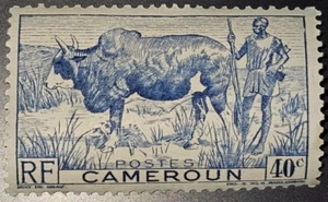cameroun stamp .40 cents blue bull standing next to native - Picture 1 of 5