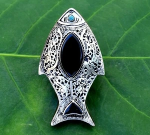 Black Onyx Antique Fish Ring Ethnic Kuchi Animal Deer Engraved Tribal Jewelry - Picture 1 of 6