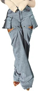 High Waisted Jeans for Women Trendy Detachable Leg Chic Denim Cargo Pants with P - Picture 1 of 7