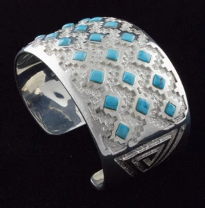 3-Row Natural Sleeping Beauty Turquoise Diamond Inlay Bracelet By Michael Perry - Picture 1 of 6