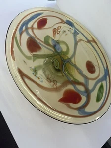 Large Amber Hand Blown Abstract Murano Blue Green Glass Oval Tray Platter Stand - Picture 1 of 11