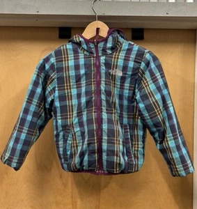 The North Face Girls 550 Reversible Goose Down Puffer Jacket Size S Plaid Purple - Picture 1 of 14