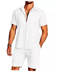 Men's 2 Pieces Cotton Linen Set Short Sleeve Button Down Shirts X-Large White - Picture 1 of 6