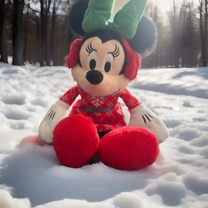 Disney Christmas Minnie Mouse Plush Snowflake Plaid Dress Green Bow Macys 14” - Picture 1 of 10