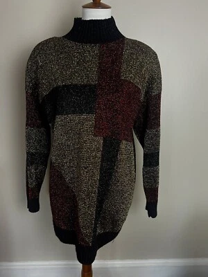 Mini vestido túnica vintage lurex suéter longo dourado borgonha preto padrão quadrado - Imagem 1 de 4