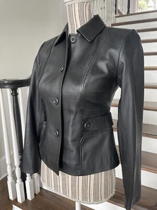 ANN TAYLOR LOFT Echtleder schwarz Jacke 0P Knopfleiste kurz geschnitten 189 $ - Bild 1 von 13