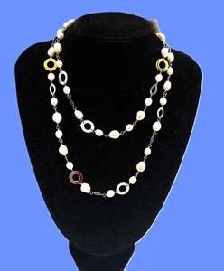 36" TWO TONE WHITE PEARL STERLING SILVER & GOLD PLATED SS NECKLACE + EXT CLASP - Picture 1 of 6