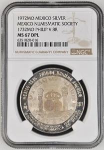 1972MO Mexico Numismatic Society 1732MO Philip V 8R Silver Medal NGC MS67 DPL - Picture 1 of 2