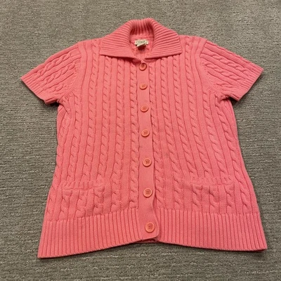LL Bean Sweater Womens Large Pink Cable Knit Short Sleeve Cardigan Button Cotton - Image 1 of 4