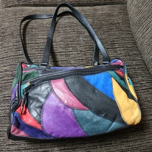 Retro Vintage Leder auffällige Patchwork Handtasche, Tasche, Artsy 80’s, 90’s bunt *Mangel - Bild 1 von 13