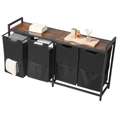 4-Section Laundry Organizer Sorter Cart Removable Bags, Metal Frame & Wooden Top - Image 1 of 4