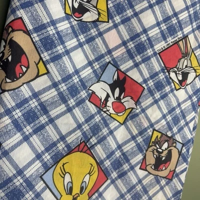 Vintage 1995 Looney Tunes Twin Sheets Set - Flat & Fitted Plaid Bugs Taz Tweety - Image 1 of 4