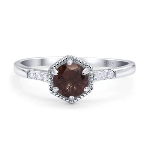 Hexagonal Round Natural Chocolate Smoky Quartz Ring 925 Sterling Silver 10mm - Picture 1 of 22
