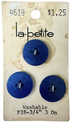 Buttons Metallic Blue 4-Hole 3Pk 3/4" Flat Shiny Shimmery Vintage La Petite 4619 - Image 1 of 4