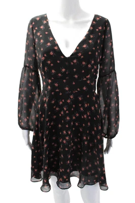 Mini Vestido Floral BB Dakota Para Mujer Cremallera Trasera Manga Larga Cuello en V Negro Talla 4 Foto 1 de 4