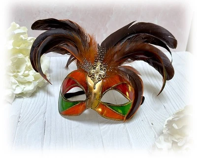 Mardi Gras Feathers Mask Venetian Carnival Masquerade Papier Mache Red Orange - Image 1 of 4