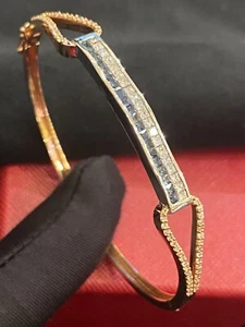 2.20 Cts Princess Round Cut Diamonds Unisex Sapphire Bangle Bracelet In 18K Gold - Picture 1 of 12