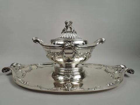 Antique Soup Tureen Stand Plateau Belle Epoque Rococo French 950 Silver Tetard Cover