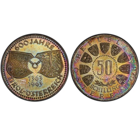PR67 1963 Austria Tirol 50 Schilling Silver Proof, PCGS- Rainbow Toned Top Pop Cover