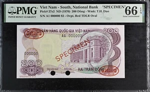 Viet Nam South, SPECIMEN, 200 Dong (1970) Serial # A1 000000 Red TDLR PMG 66 EPQ - Picture 1 of 2
