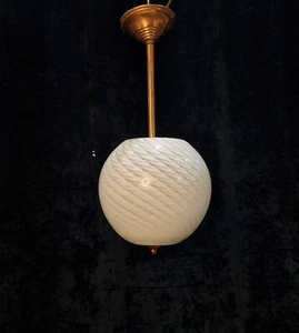 Unusual Art Deco Copper French 1 Light Pendant Bowl Swirl Glass Shade Light - Picture 1 of 10
