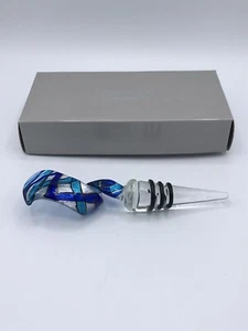 Murano Art Glass Wine Bottle Stopper Turquoise Blue Clear with Satin Lined Box - Bild 1 von 8