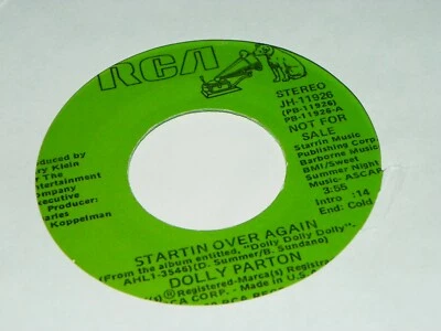 Dolly Parton-Startin Over Again  7" 45 RCA PROMO Green Vinyl NEAR MINT-unplayed - Image 1 of 3