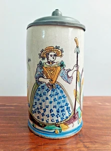 Walzenkrug Fayence datiert 1788  Dame in Tracht  florales Motiv Zinndeckel - Bild 1 von 14
