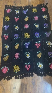 Vintage Handmade Crochet Blanket Throw Colorful Granny Square Afghan Fruit Rose - Picture 1 of 7