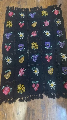 Vintage Handmade Crochet Blanket Throw Colorful Granny Square Afghan Fruit Rose - Image 1 of 4