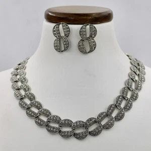 Statement Marcasite Cuban Link Necklace & Earring Set in Sterling Silver 18 Inch - Picture 1 of 8