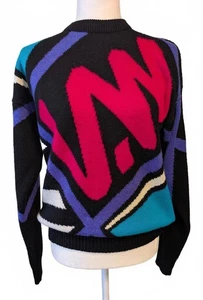 Vintage Tyrolia Unisex geometrisch türkis pink Farbblock Rundhalsausschnitt Strickpullover - Bild 1 von 9