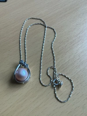 925 Silver Large  Pearl & Clear Gemstone Pendant On 46cm  Chain/ Signed - Image 1 of 4