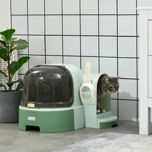 PawHut 2 In 1 Cat Litter Tray w/ Drawer Pans, Scoop, Openable Cover - Green - Picture 1 of 11