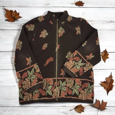 Chaqueta de Vellón Marrón Estampado de Hojas Cottagecore Senderismo Otoño Granola Niña Cabaña Acogedora L Foto 1 de 4