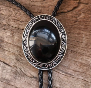 Black Agate Mens Bolo Tie Wedding Necklace PU Leather Rope Western Cowboy Style - Picture 1 of 11