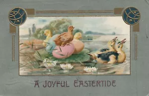 1908 John Winsch Anatre di Pasqua pull pulcino Lilly Pad cartolina - Foto 1 di 2