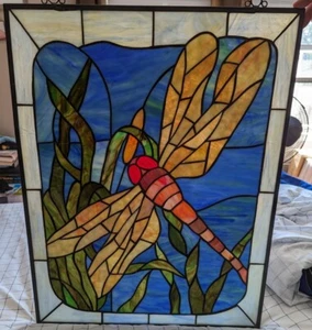 Vintage Handmade Stained Glass Dragonfly Window 27" X 21" See Pics For Condition - Picture 1 of 14