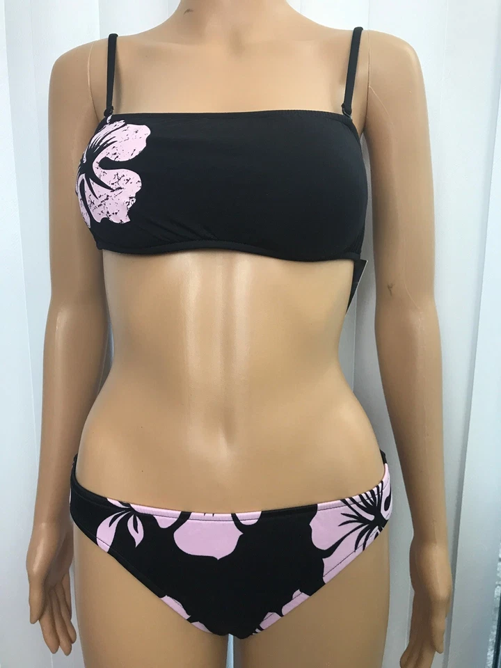 ISLAND SOUL Juniors Dream Bralette and Bottom Bikini Size M Black And Pink - Imagem 1 de 4