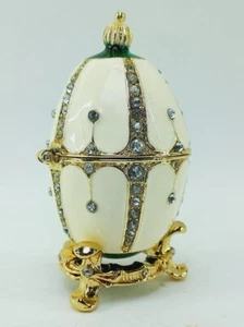Decorative Egg Shaped Rhinestone Jewelry Trinket Box w/ Stand White Gold Tone - Picture 1 of 5