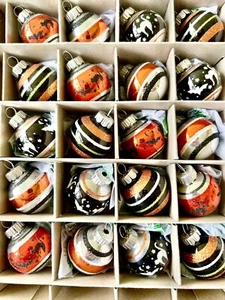 20 HALLOWEEN RADKO GLASS FLOCKED BALL ORNAMENTS CAT BAT MOON GLITTER STRIPES - Picture 1 of 12