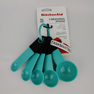 Kitchenaid 5 Measuring Spoons Set Aqua Blue  KE057MLAQA Rubber Tips Grip Cups - Image 1 of 4
