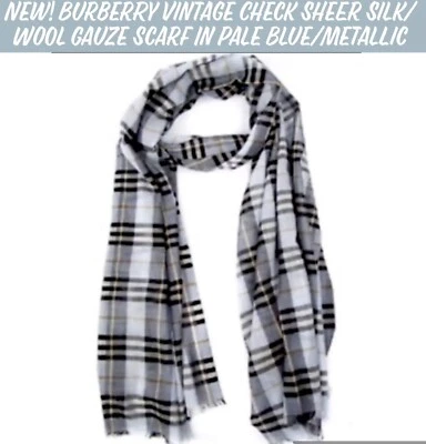 NEW Burberry Vintage Check Sheer Silk/Wool Gauze Scarf In Pale Blue/Metallic - Image 1 of 4