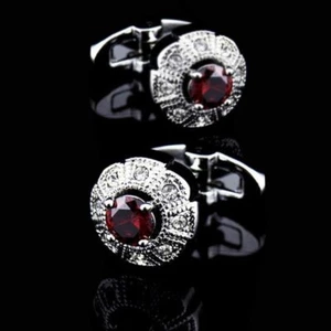 10K White Gold With Simulated Red Ruby & White Moissanite Cufflinks For Men's - Picture 1 of 3