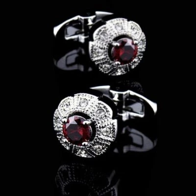 10K White Gold With Simulated Red Ruby & White Moissanite Cufflinks For Men's - Image 1 of 3
