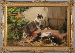 Handmade Old Master-Art Antique Oil Painting Animal cats Kittens on canvas - Picture 1 of 2