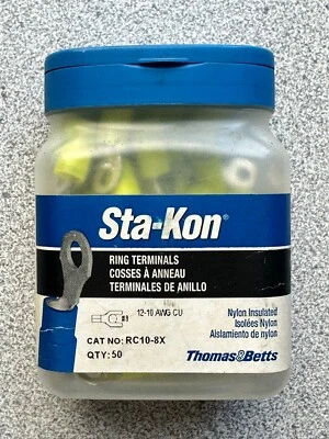 New Box of 50 Thomas Betts Sta-Kon 12-10 AWG #8 Ring Terminal Connector RC10-8X - Image 1 of 3