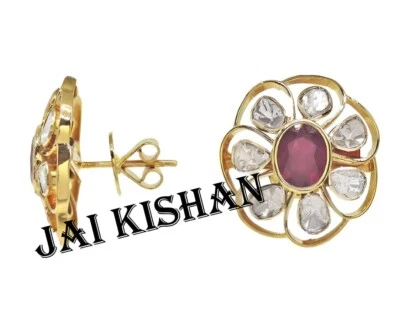 Real Ruby Gemstone Polki Diamond Gold Plated 925 Sterling Silver Earring Gifts - Image 1 of 4