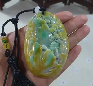 Cert'd Vintage Naturale A Giallo Verde Giadeite Giada Paesaggio Gioco a Mano Netsuke - Foto 1 di 7