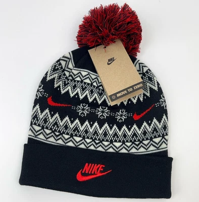 NIKE Beanie Peak Fair Isle Knit Skull Cap Unisex OS Removable Pom Black Red NWT - Image 1 of 4